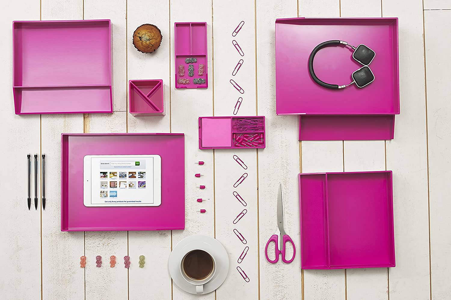 All in One Office Desk Organizer 3 Trays Scissors Sticky Notes 260x55x320 Pink Secondary image