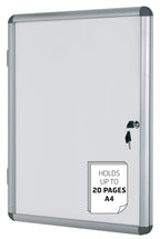 Bi-Office white enclosed notice board with a glass window and single door, dimensions 500x674mm, for displaying notices.