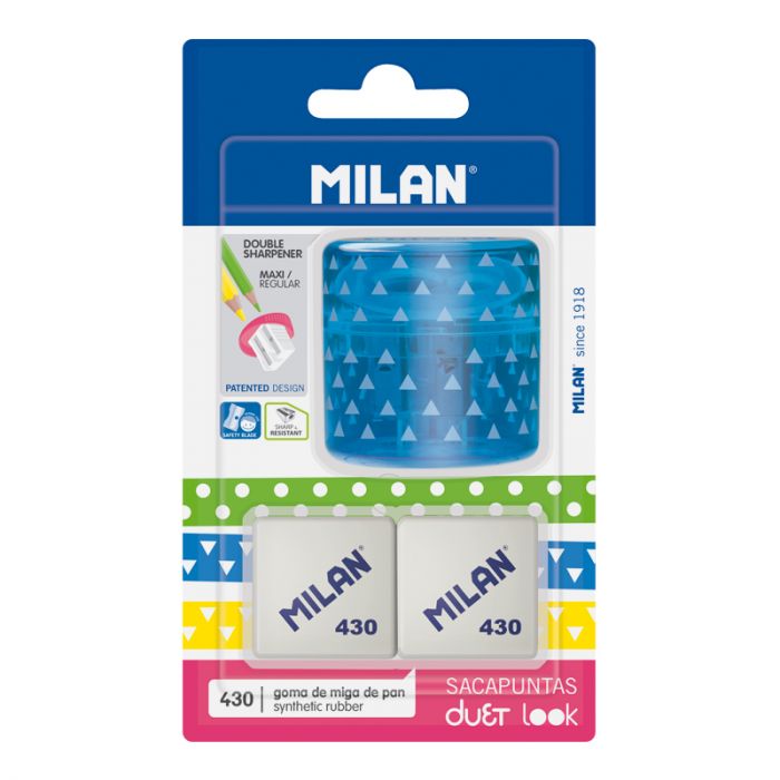 Milan Blue Duet Look sharpener + 2 erasers 430 - Al Masam Stationery LLC
