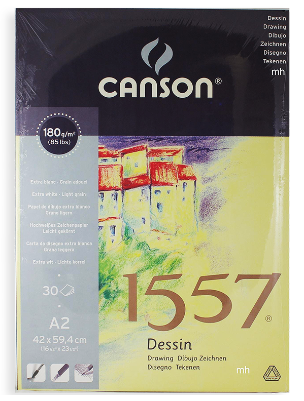 Canson 1557 A2 drawing pad with 180 GSM paper and 30 sheets, ideal for sketching and artistic projects.