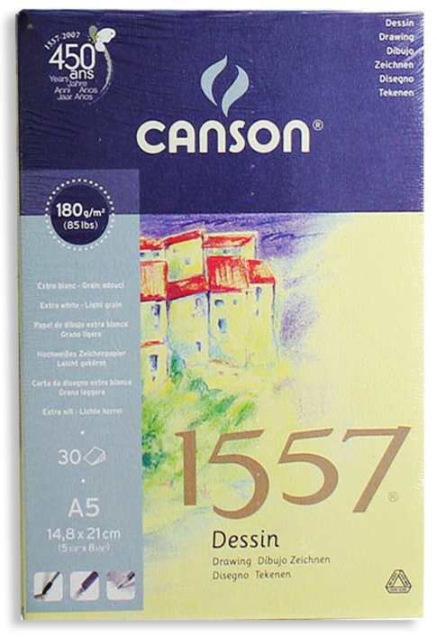 Canson 1557 A5 drawing pad with 180 GSM paper and 30 sheets, ideal for sketching and artistic projects.