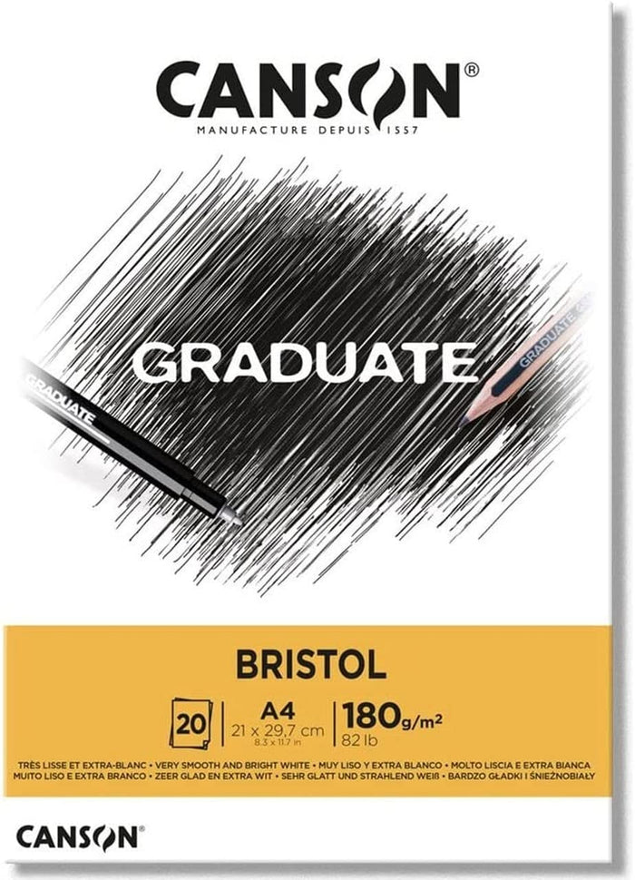 Canson Graduate Bristol Pad A4 with 20 sheets of 180gsm paper, suitable for paint and mixed media projects.