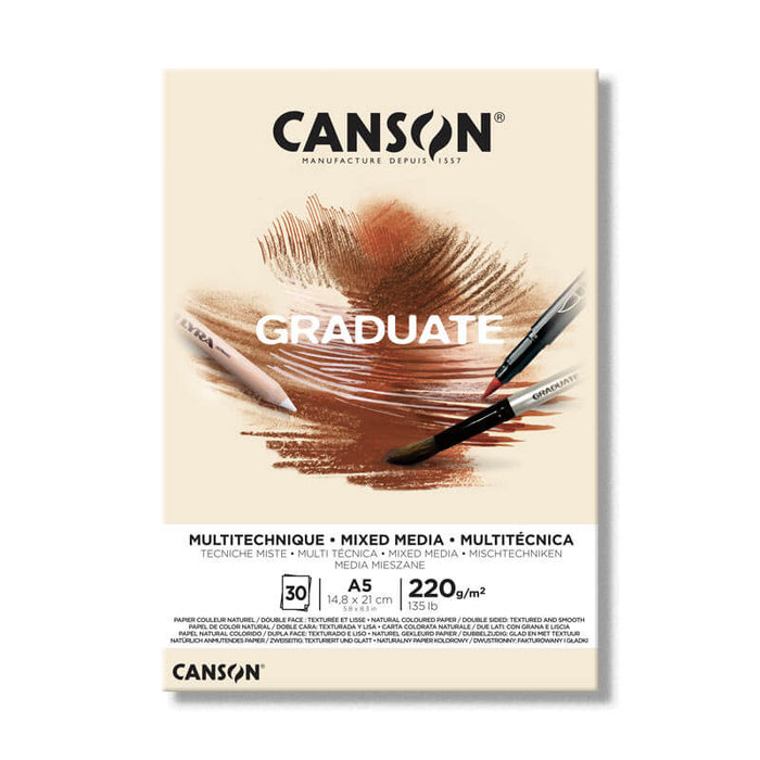 Canson Graduate Mixed Media Pad A5 with 30 sheets of 220gsm natural paper for paint and mixed media art projects