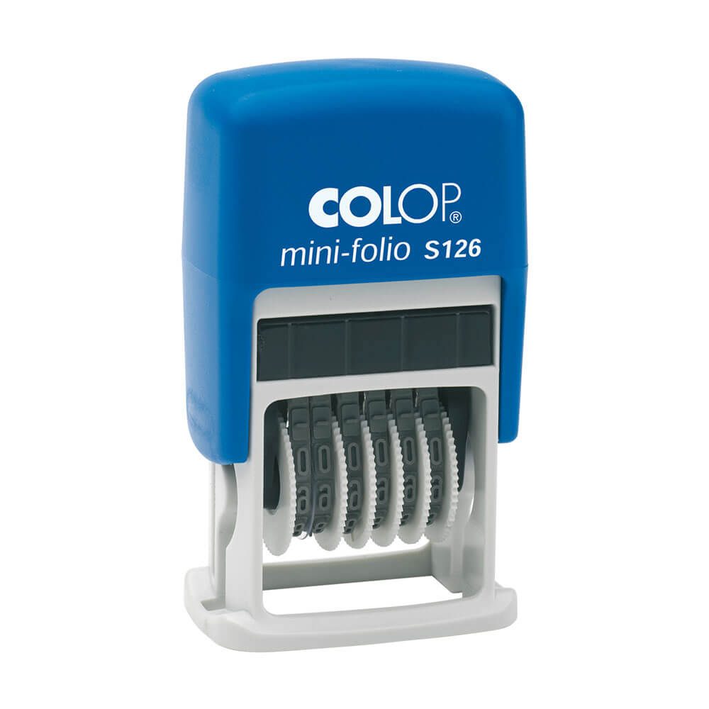 Ensure organized and efficient document management with the COLOP MINI FOLIO S126. This pocket-sized folio is compact and convenient, yet provides ample space for storing documents, papers, and more. Its sleek design and durable construction make it the perfect accessory for professionals on-the-go.  Extra small self-inking numberer. Comes with 6 numering bands.  The smallest selfinking number stamp. Generates a 6 digit imprint in a 4mm height. Each numberband contains of the numbers 0-9. Main image