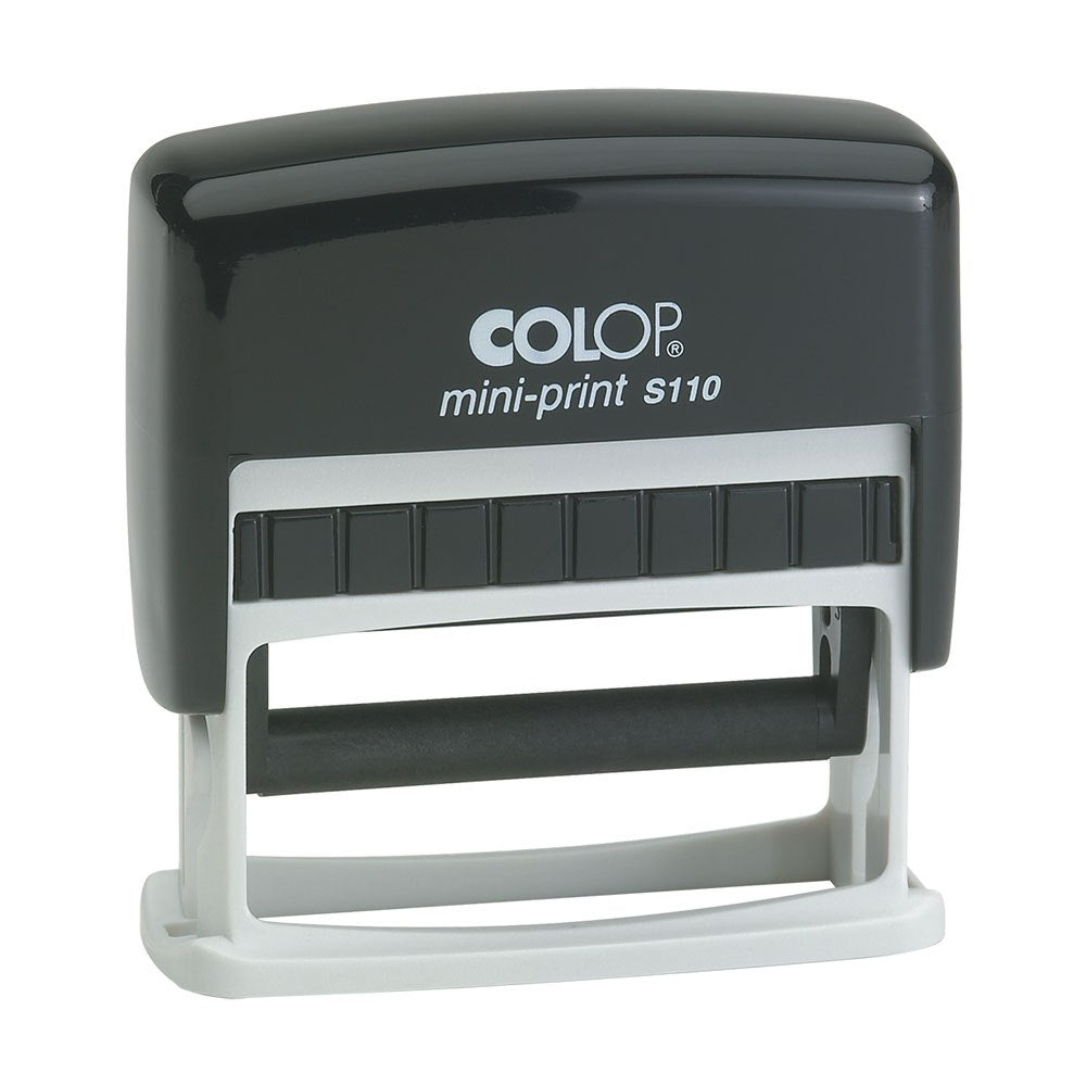 The COLOP Mini-Print S110 is a versatile stamp that comes with a blue pad. Use it to easily customize anything - from documents to cards - with clean, crisp impressions. Enjoy a professional touch and save time with this industry expert's go-to choice.  Compact plastic self-inking stamp for up to 2 lines of text and up to 52 mm in length, ideal for long messages or short sentences. Oblong rectangular impression of 8 x 52 mm. Main image