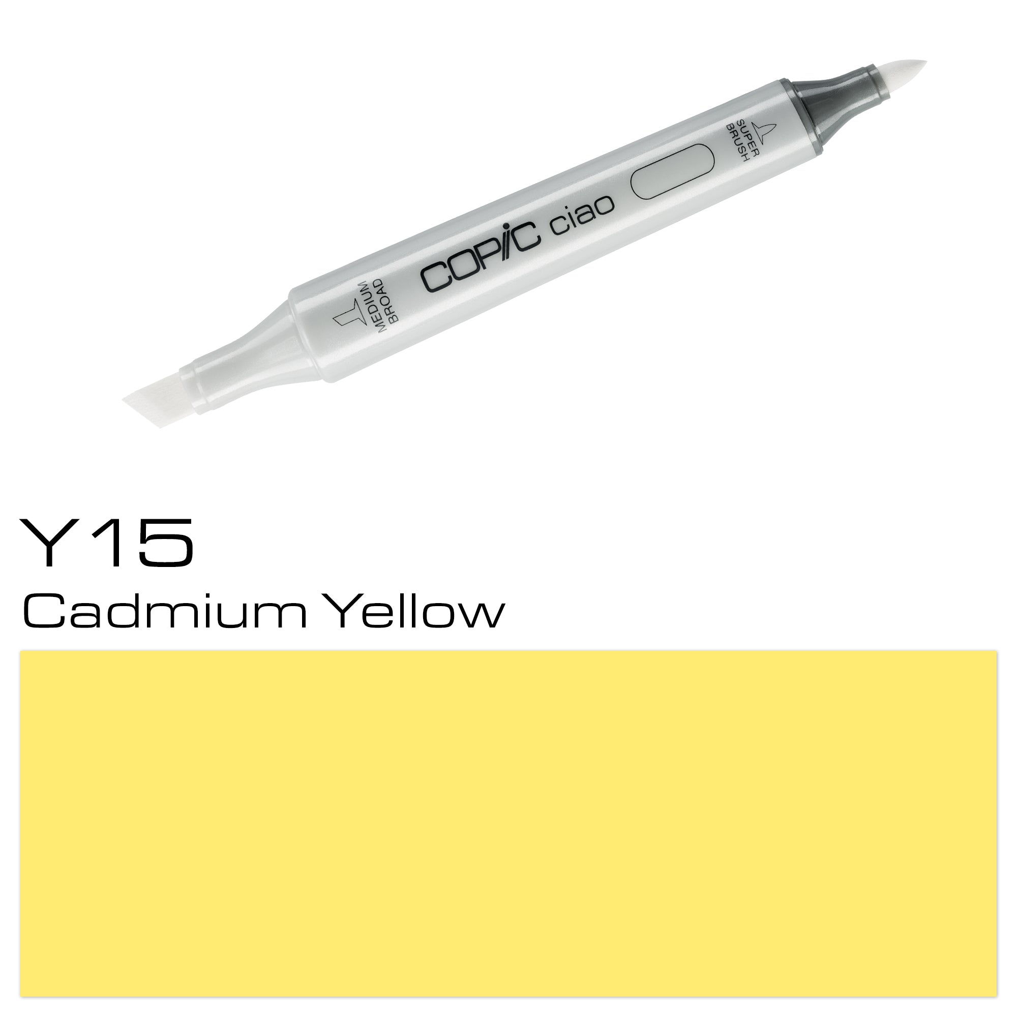 The COPIC CIAO MARKER Y 15 CADMIUM YELLOW is an essential tool for artists and designers alike. With its vibrant, long-lasting color and precise tip, it allows for smooth, detailed strokes and effortless blending. Its alcohol-based ink is waterproof and non-toxic, making it a versatile choice for all your artistic needs.