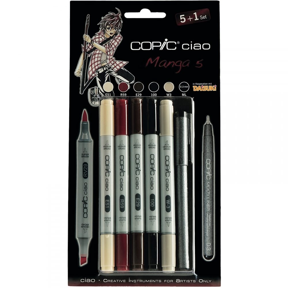 This set of COPIC ciao markers is designed specifically for manga artists and includes 5 markers. With their versatile brush and fine tip, these markers provide smooth and precise lines, allowing for effortless shading and coloring. Ideal for creating dynamic and professional-looking manga illustrations. Main image
