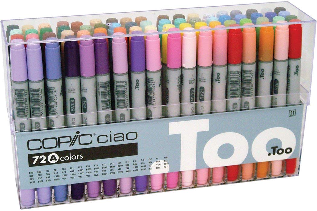 Copic Ciao Set A - 72pc. Professional-level markers with ultra-blendable, low odor, alcohol based inks. Known for rich blends and widely used by artists and designers in various fields. Main image