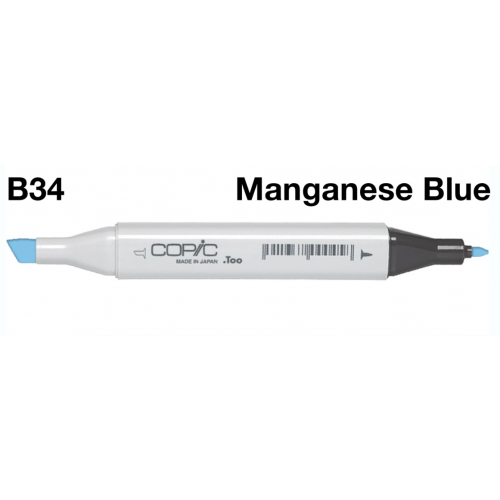 This COPIC SKETCH MARKER in B 34 MANGANESE BLUE provides smooth, consistent lines for all your drawing and coloring needs. With its high-quality pigment, it offers a rich and vibrant shade of blue, perfect for any project. The alcohol-based ink dries quickly and is permanent, ensuring long-lasting results. Main image