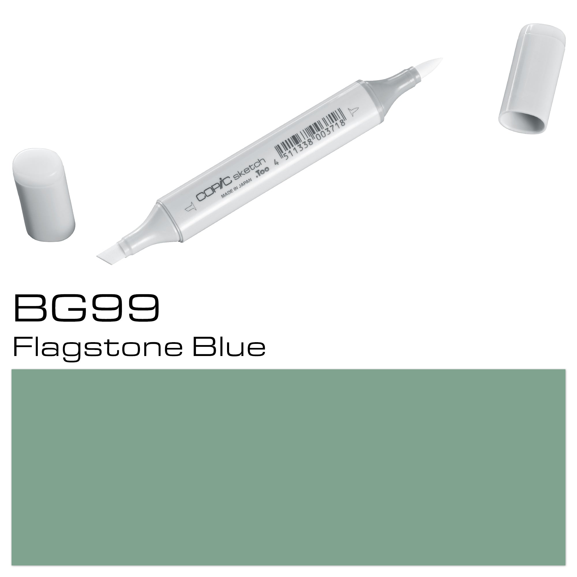 Copic Sketch Marker in Bg99 Flagstone Blue, showcasing the marker's tip and vibrant blue color for art and design.