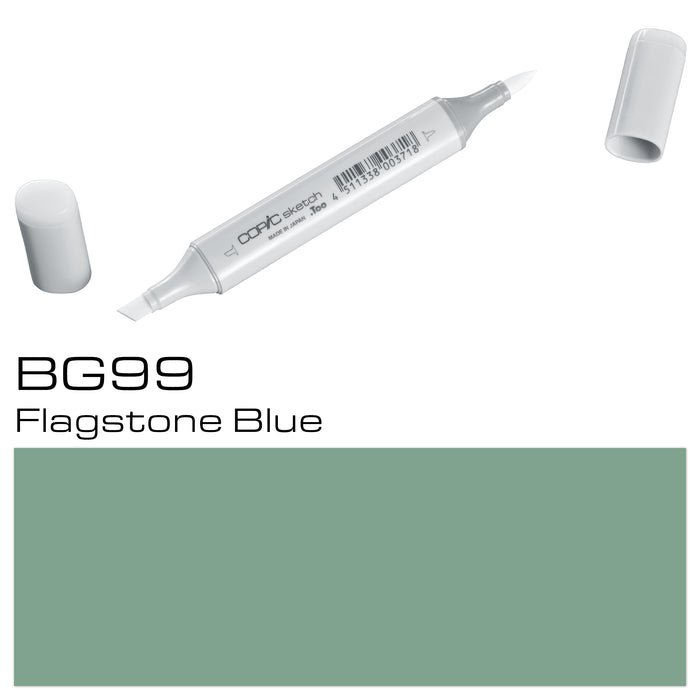 Copic Sketch Marker in Bg99 Flagstone Blue, showcasing the marker's tip and vibrant blue color for art and design.
