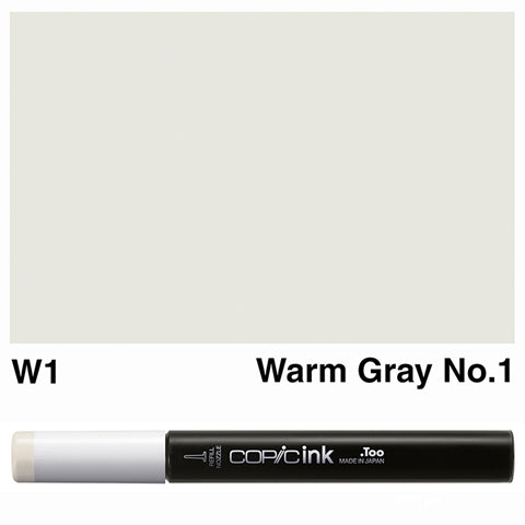 Copic W-1 ink bottle with a clear label, showcasing its light gray color and sleek design for artists.