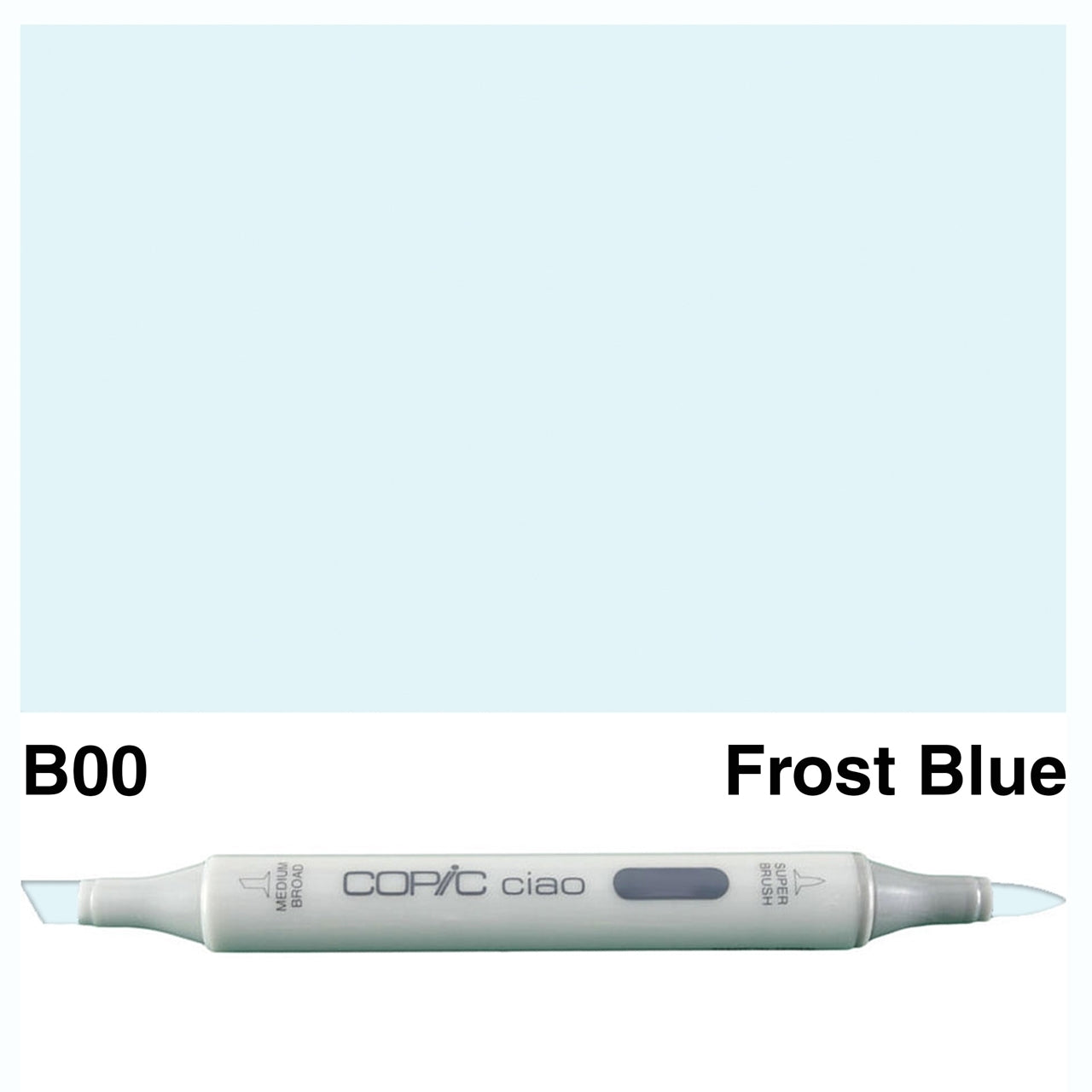 Achieve stunning blue hues with the COPIC CIAO MARKER B 00 FROST BLUE. With its special Frost Blue pigment, this marker delivers vibrant color that is perfect for adding depth and dimension to your artwork. Its versatile chisel and brush tips allow for smooth and precise strokes, making it a must-have for any artist. Main image