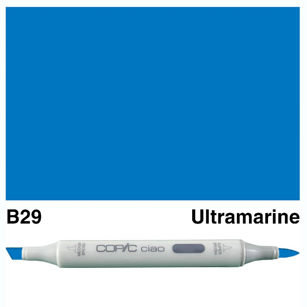 This COPIC CIAO MARKER B 29 ULTRAMARINE is a versatile professional tool for graphic designers, artists and illustrators. Its high-quality, alcohol-based ink provides a stunning depth and vibrancy to your artwork. With an impressive 29% increased ink capacity, this marker is designed to last and deliver exceptional results. Main image