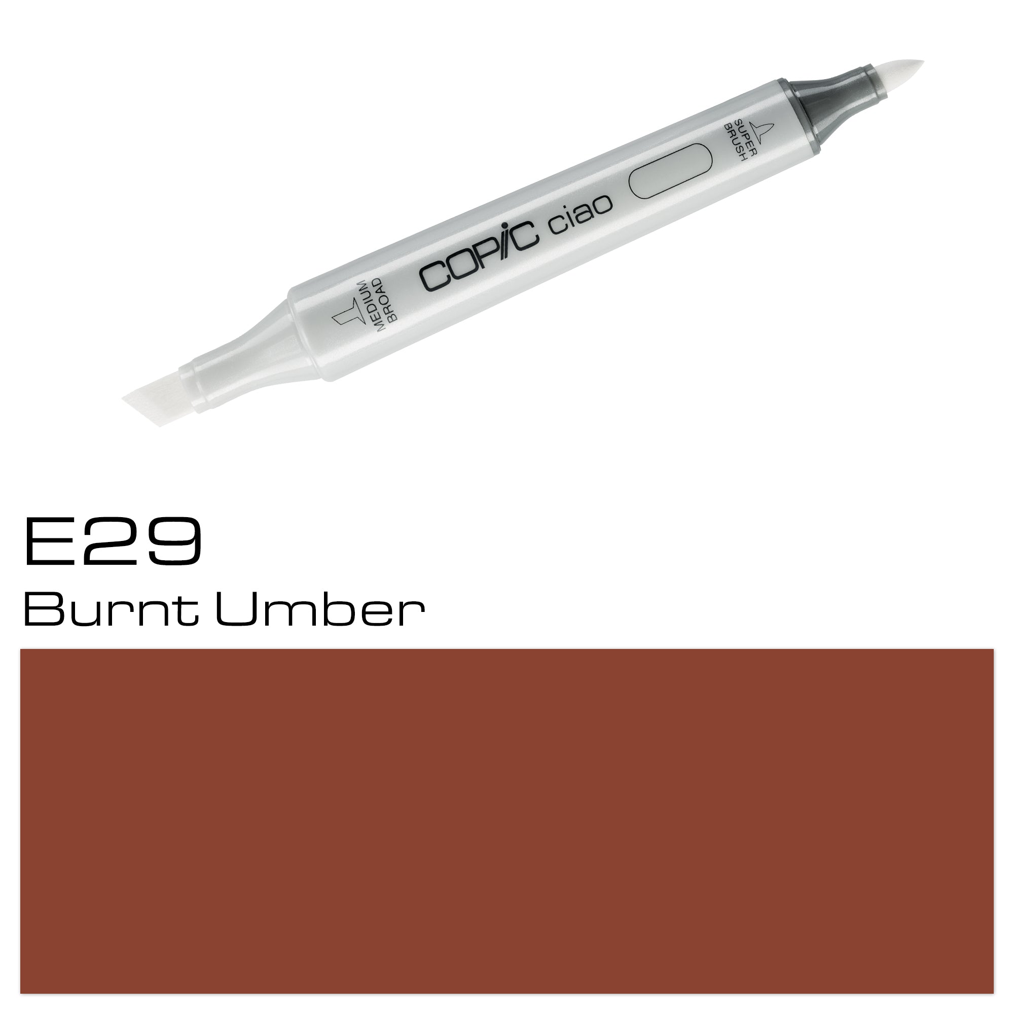 Professional-quality COPIC CIAO MARKER E 29 BURNT UMBER with a rich, dark burnt umber color. Perfect for fine art and illustration with its smooth application and blendability. This alcohol-based marker is compatible with other COPIC products, offering versatility and precision to your projects. Main image