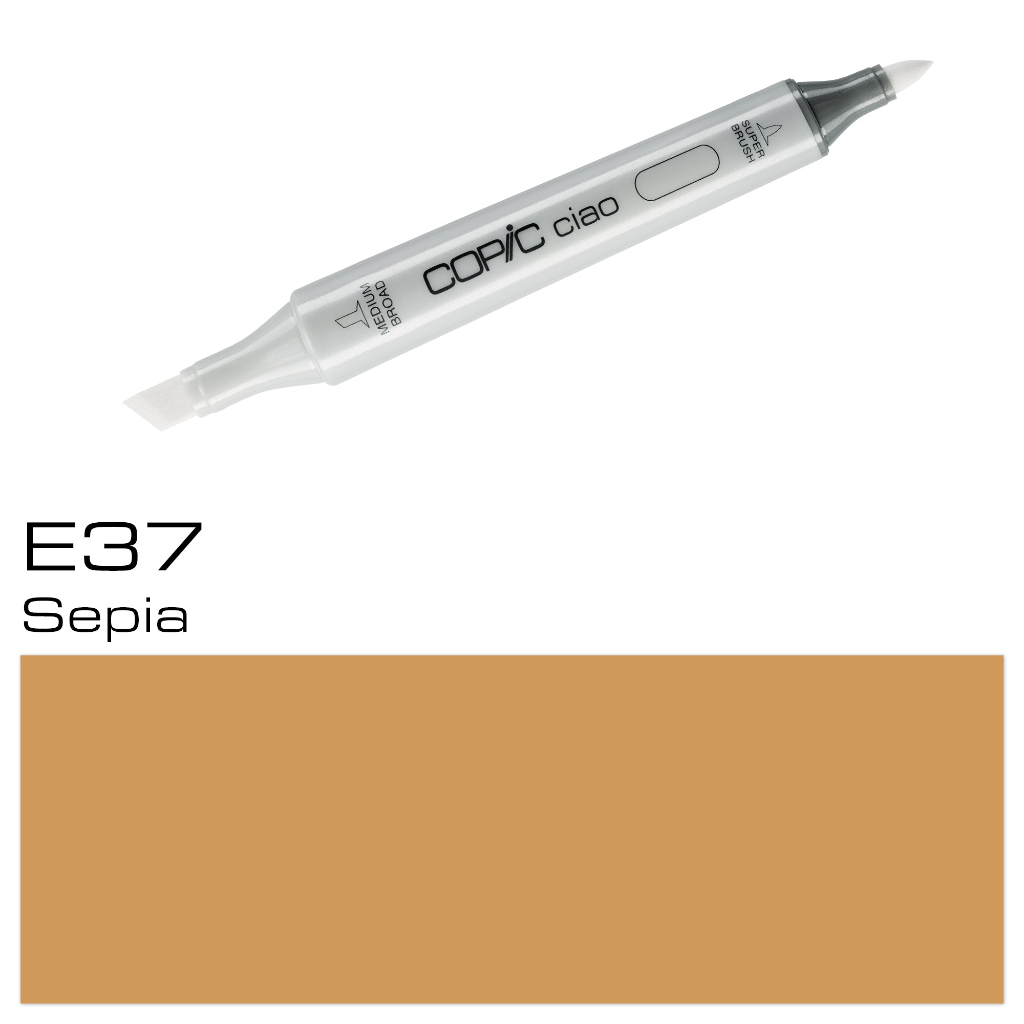 Introducing the COPIC CIAO MARKER E 37 SEPIA, perfect for achieving rich, warm tones in your artwork. With its high-quality ink and double-ended design, this marker provides precise and effortless blending capabilities, allowing for endless creative possibilities. A must-have for any artist or illustrator. Main image
