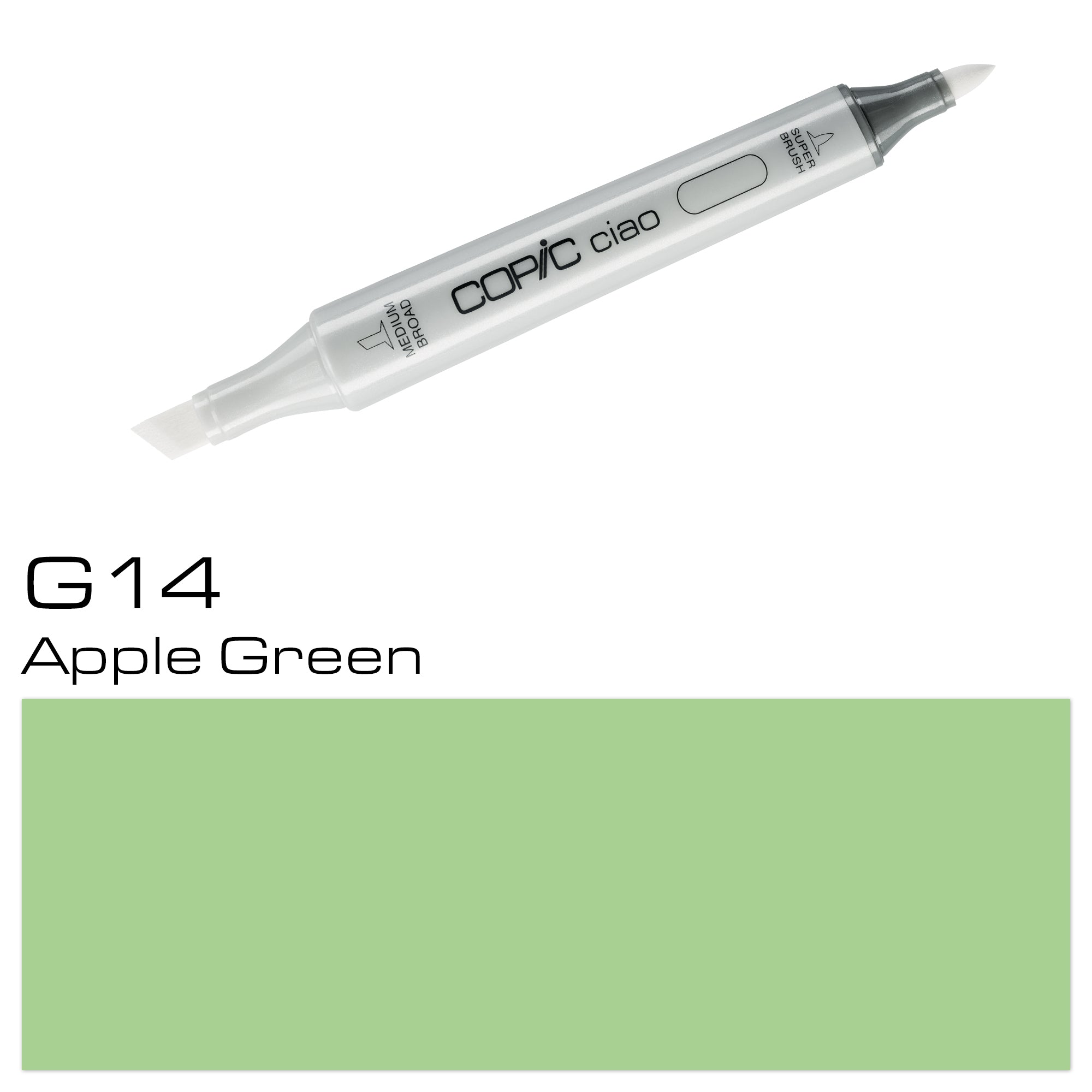 Experience professional-quality coloring with the COPIC CIAO MARKER G 14 APPLE GREEN. This alcohol-based marker boasts a vibrant apple green color with smooth, blendable ink. Perfect for artists and designers, this marker offers 180 colors to choose from for endless creative possibilities. Main image