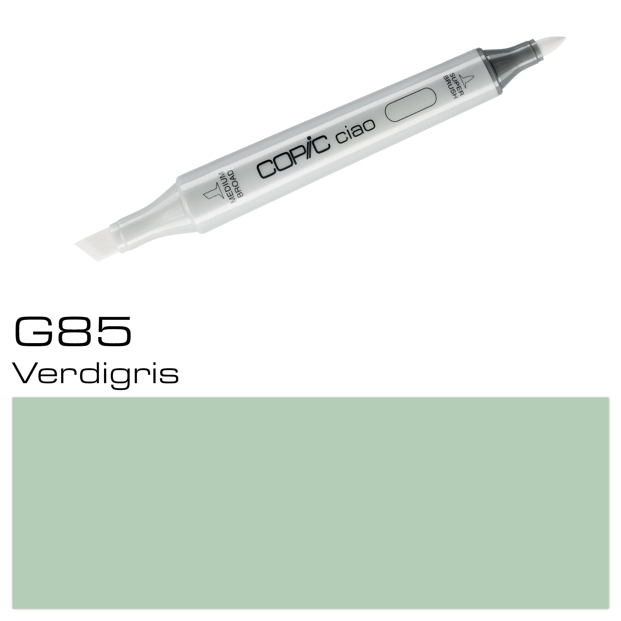 Upgrade your art supplies with the COPIC CIAO MARKER G 85 VERDIGRIS. Made with precision and expertise, this marker boasts a vibrant verdigris color that will add depth and dimension to your artwork. Its special formulation and fine tip ensure flawless coverage and smooth application. Take your art to the next level with this top-of-the-line marker. Main image