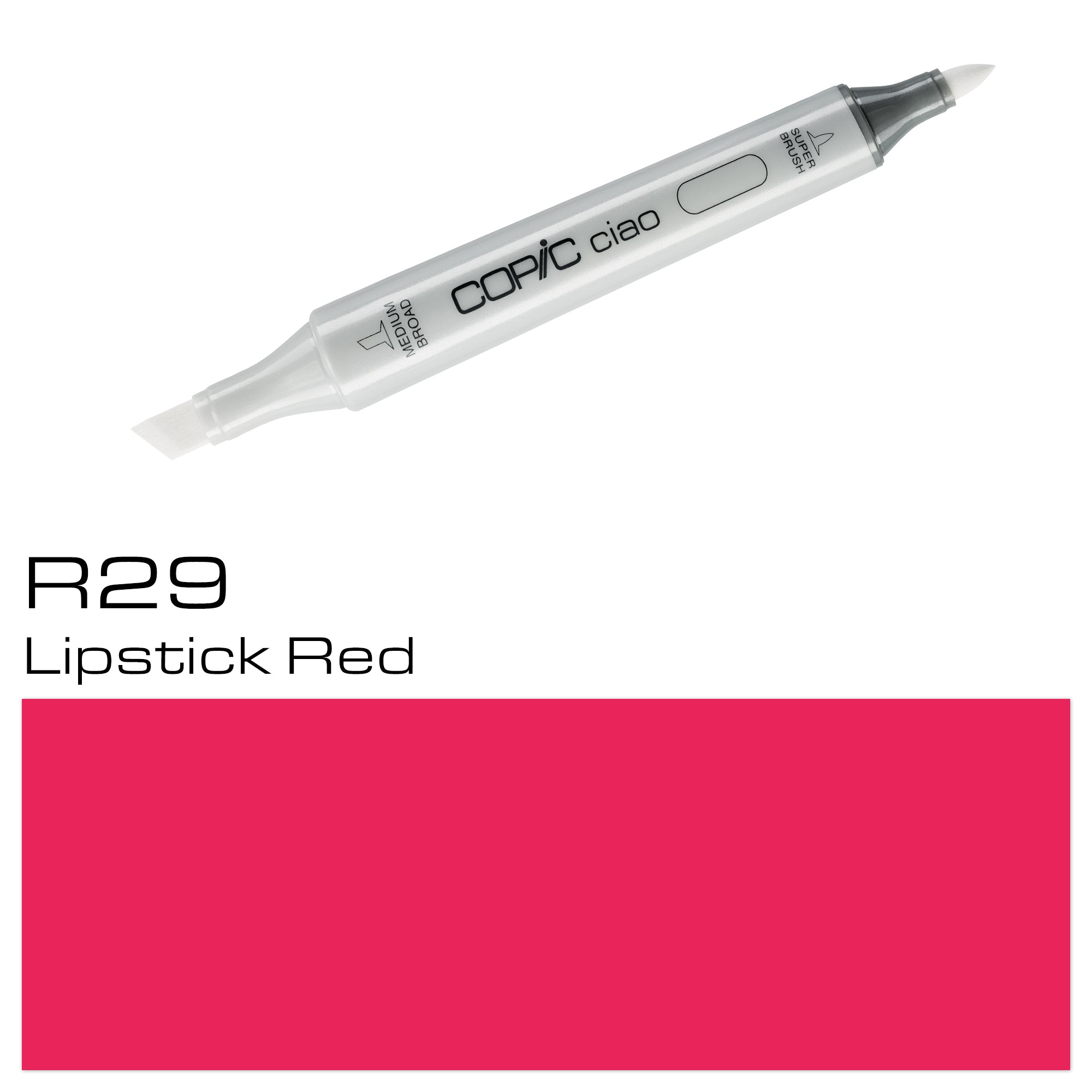 Experience the vibrant color and smooth application of the COPIC CIAO MARKER R 29 LIPSTICK RED. With its alcohol-based ink and durable double-ended design, this marker is perfect for creating bold and precise lines in your artwork or design projects. The rich red hue adds a pop of color to any project, making it a must-have for artists and designers alike. Main image