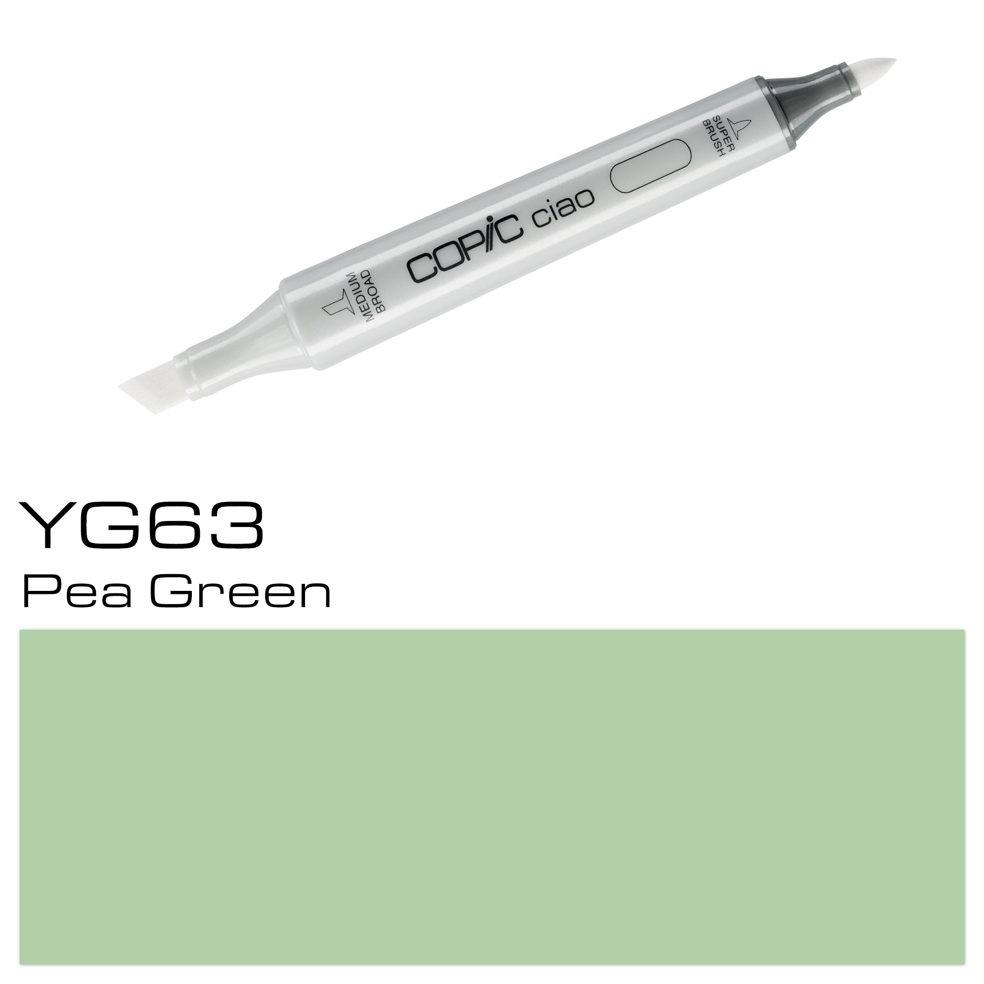 Enhance your creative projects with the COPIC CIAO MARKER YG 63 PEA GREEN. This high-quality, dual-tipped marker boasts a smooth, streak-free application for crisp lines and vivid color. With its deep, rich hue of pea green, your artwork is sure to stand out. Perfect for professionals and beginners alike. Main image