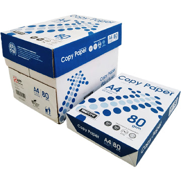 A box of Copy Paper A4 photocopy paper with 500 sheets, showing the packaging and ream contents.