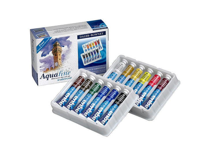 Daler Rowney Aquafine Watercolor Introduction Set with 12 tubes of assorted watercolor paints in 8ml sizes.
