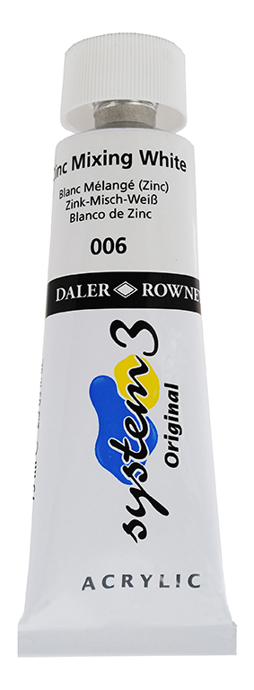Daler Rowney System 3 acrylic colors bottle labeled Zinc Mix White, 500ml acrylic paint for artists and crafts.