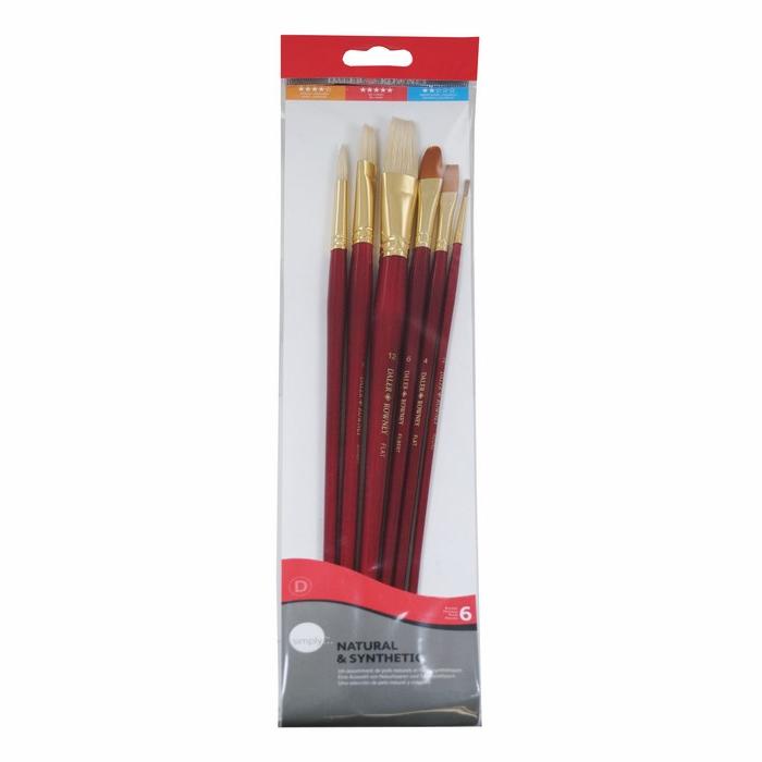 Set of Daler-Rowney DR Simply Oil mixed brushes and rollers for painting, arranged on a flat surface.