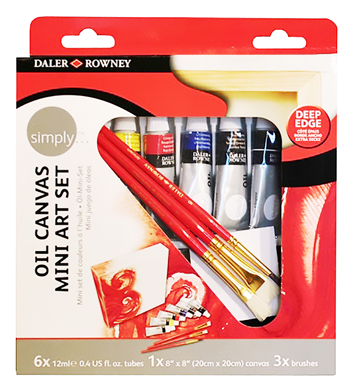 Daler Rowney Graduate Oil Colors Mini Art Set 6 x 12ml tubes, 8 x 8" stretched surface and 3 Simply brushes - Al Masam Stationery LLC Main image