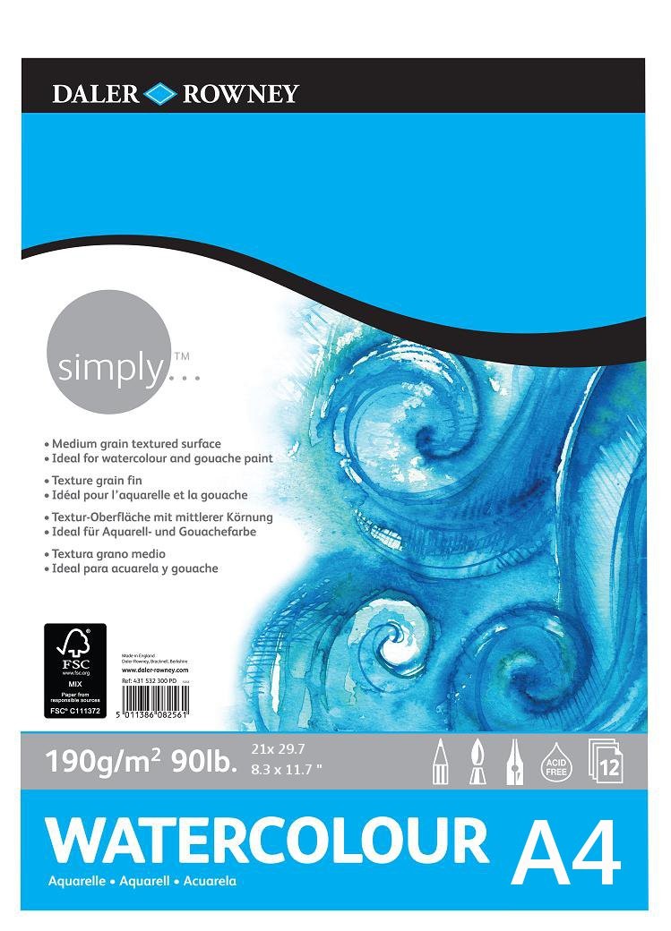 Daler Rowney Simply Watercolour Pad 12sht 190gsm A4 - Al Masam Stationery LLC Main image