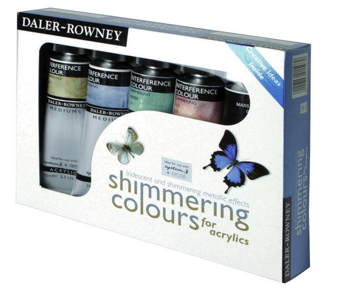 Set of five Daler Rowney acrylic mediums with shimmering colors in 75ml bottles, ideal for adding sparkle to acrylic artworks.