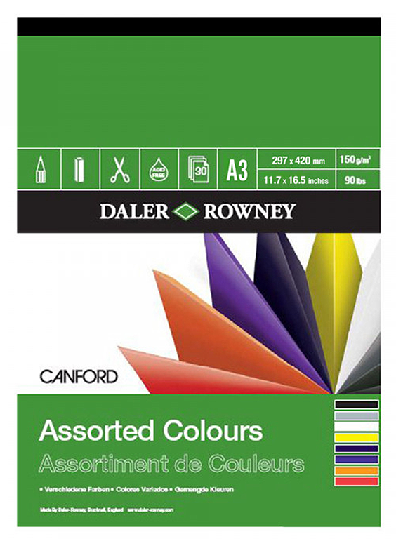 Daler Rowney Canford Coloured pad 32sht 8 assortd colours 150gsm A3 - Al Masam Stationery LLC Main image