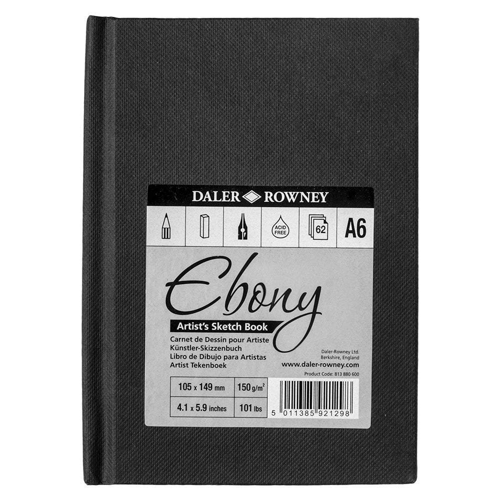 Daler Rowney Ebony Hardback Portrait Sketchbook White paper 62sht unperforated 150gsm acid free A6 - Al Masam Stationery LLC Main image