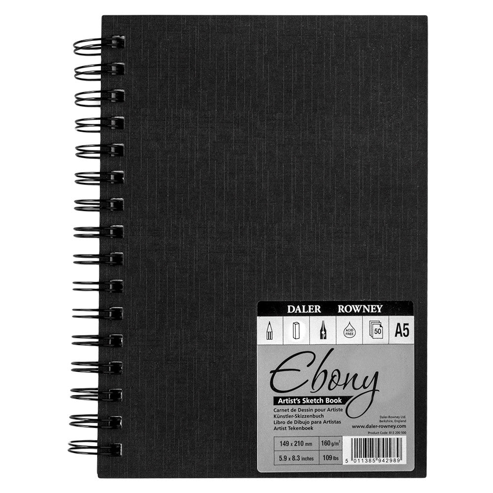 Daler Rowney Ebony Spiral Portrait Book Black 40sht 180gsm acid free A5 - Al Masam Stationery LLC Main image