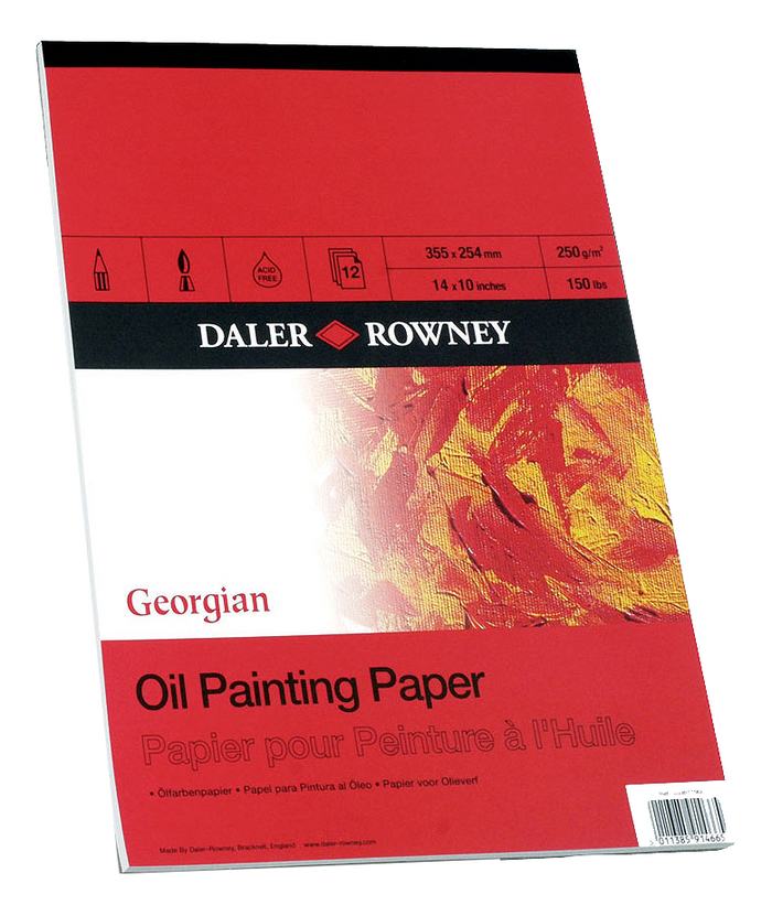 Daler Rowney Georgian Oil Pad with 12 sheets of 250gsm paper, measuring 14x10 inches, suitable for oil painting.