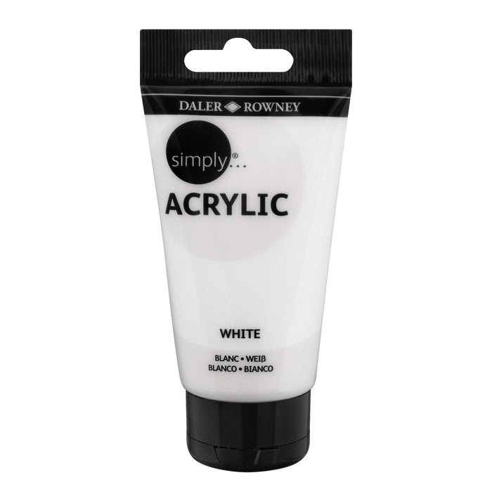 Daler-Rowney Simply Acrylic white paint tube, 75 milliliters, showcasing the white acrylic paint ready for artists.