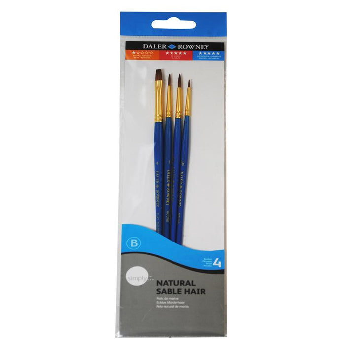 Set of Daler-Rowney Simply Synthetic and Natural Camel Brushes for painting, featuring various brush sizes and shapes.