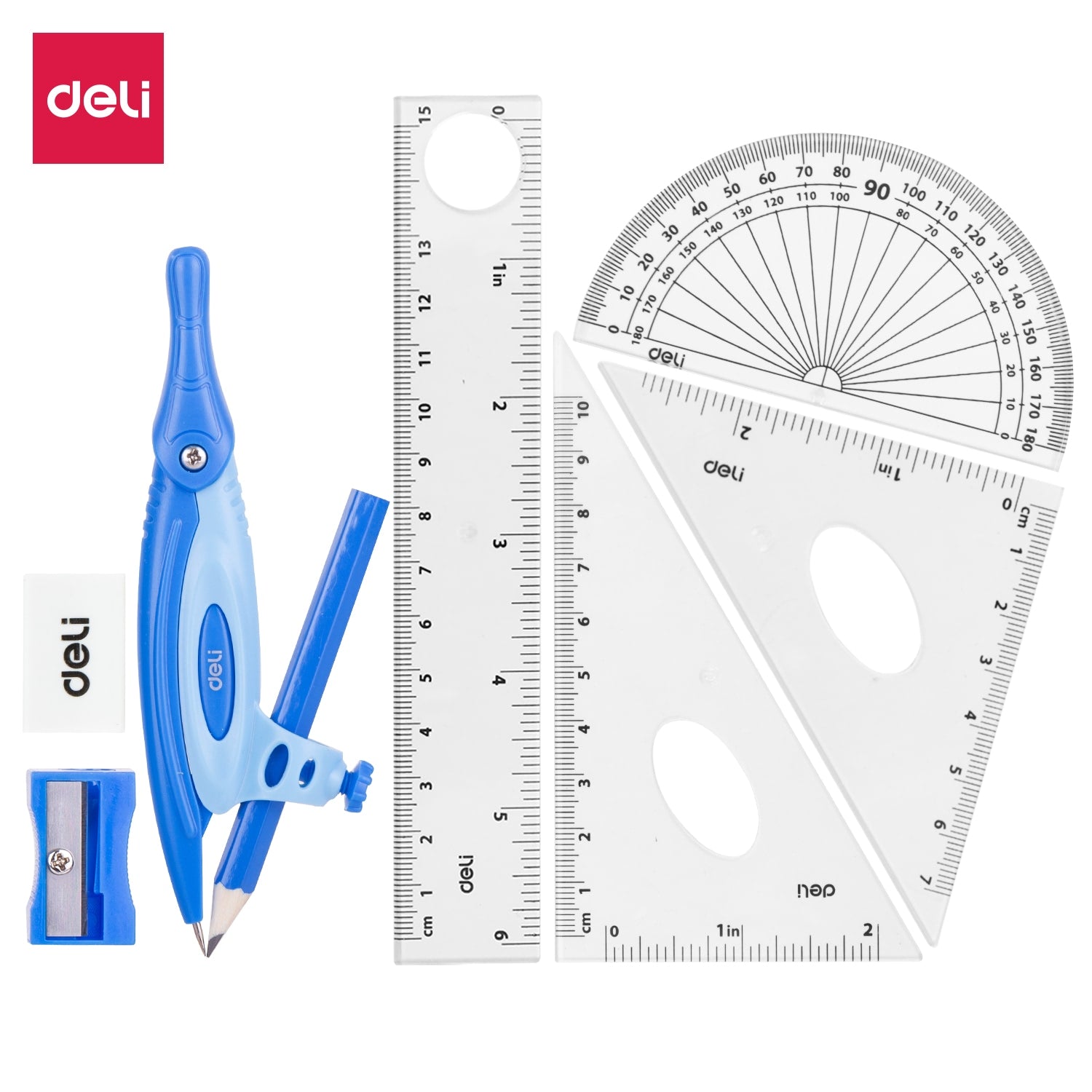 Deli Drafting Ruler 15cm Set Squares Protractor Compass Pencil Eraser Sharpener 2C Secondary image