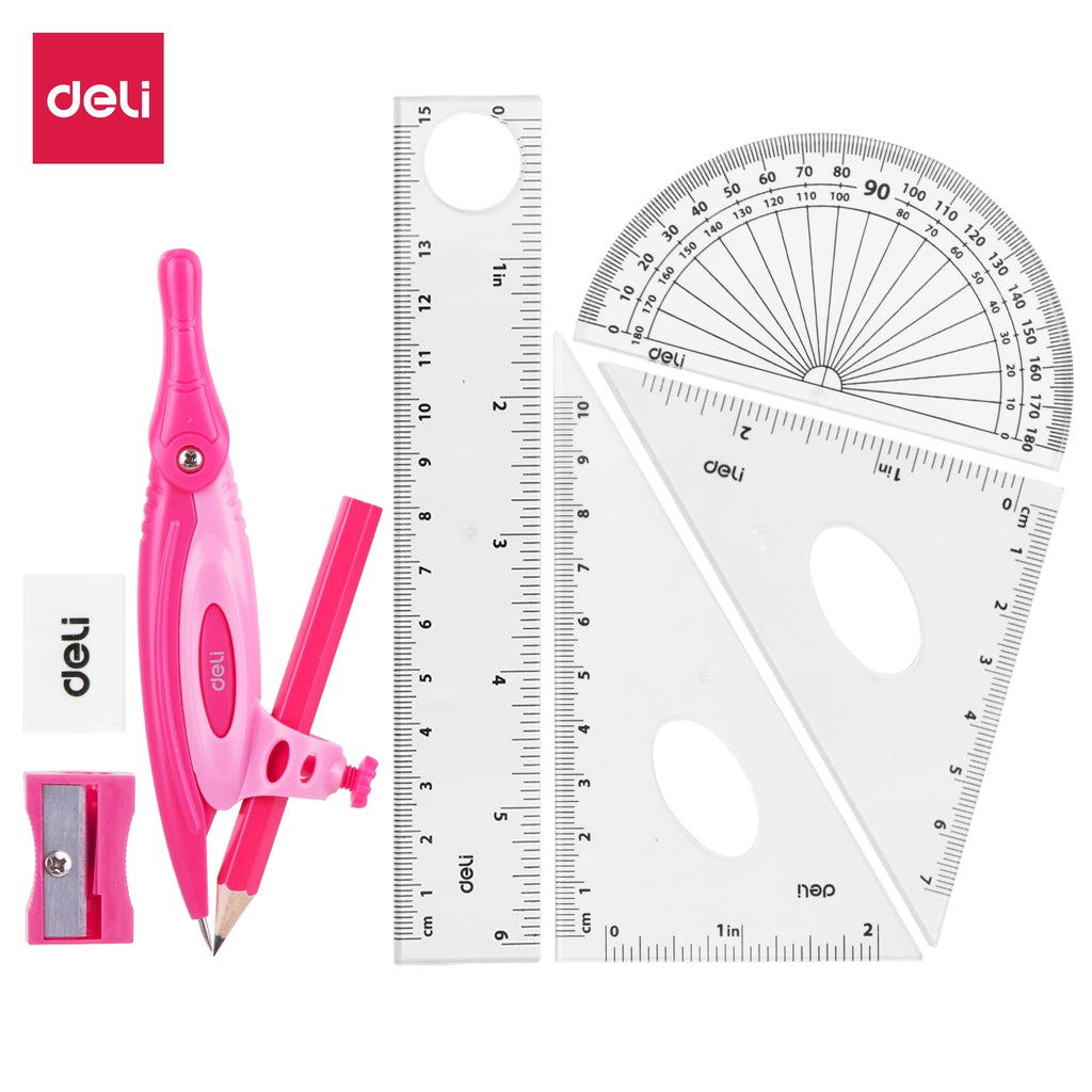 Deli Drafting Ruler 15cm Set Squares Protractor Compass Pencil Eraser Sharpener 2C - Al Masam Stationery LLC