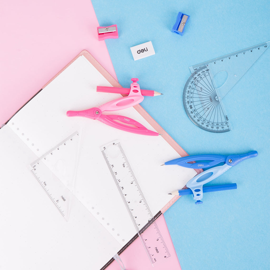 Deli Drafting Ruler 15cm Set Squares Protractor Compass Pencil Eraser Sharpener 2C - Al Masam Stationery LLC