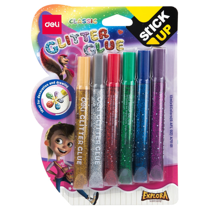 Deli Glitter Glue 12ML in six vibrant colors, ideal for craft projects and decorative adhesive use.