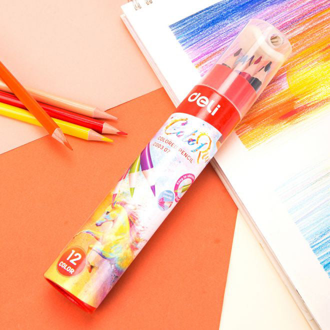 Deli Colored Pencil Paper Tube 12C - Al Masam Stationery LLC