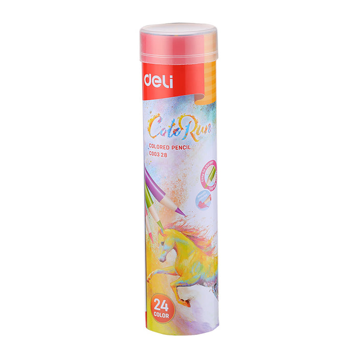 Deli Colored Pencil Tin Tube 24C pencil case with a compact, cylindrical design and vibrant colored pencils inside.