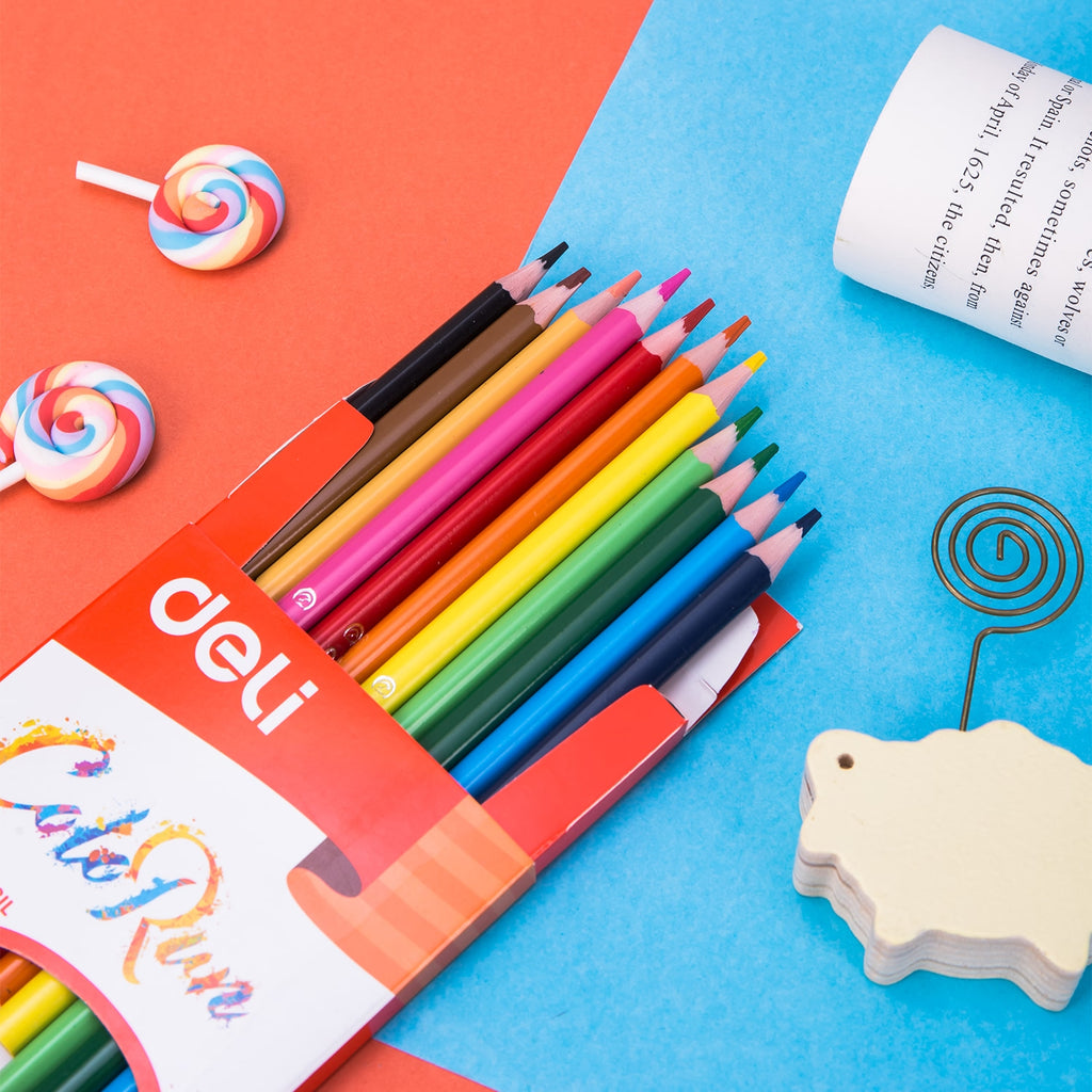 Deli Plastic Colored Pencil Triangle Bright 12C - Al Masam Stationery LLC
