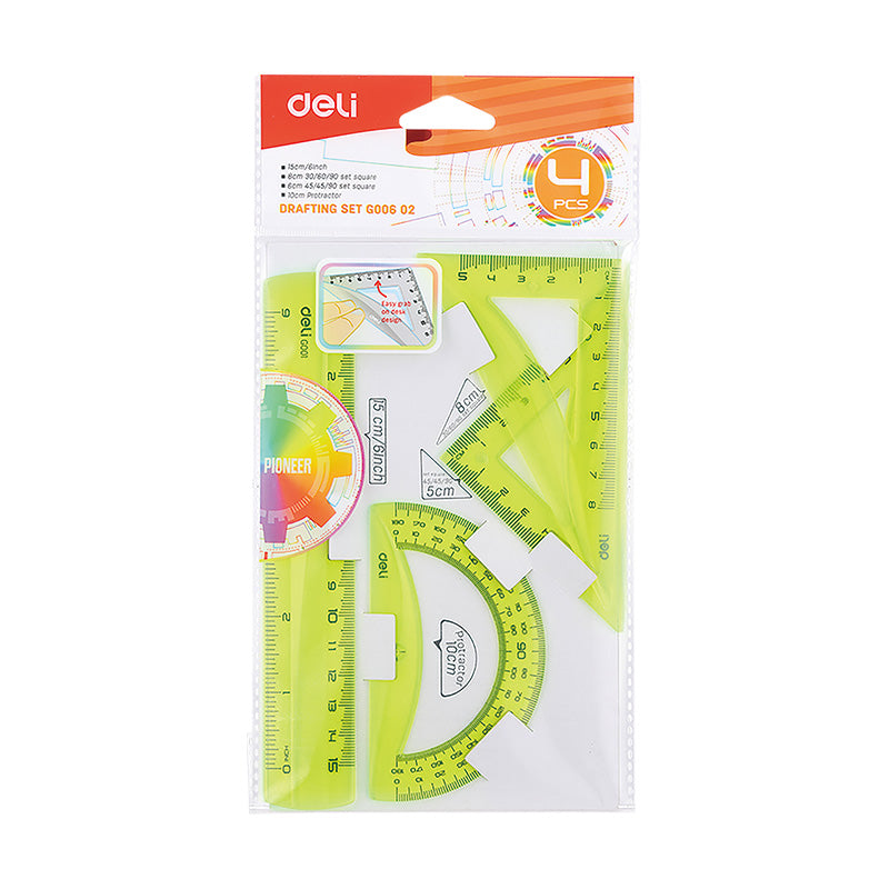 Deli Drafting Ruler Set Squares Protractor 15cm Translucent 3C - Al Masam Stationery LLC
