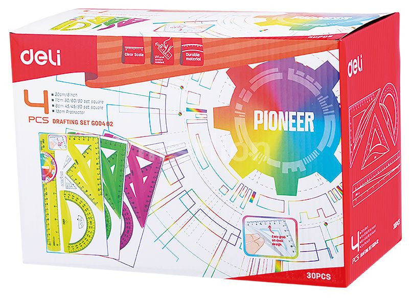 Deli Drafting Ruler Set Squares Protractor 20cm Translucent 3C - Al Masam Stationery LLC Main image