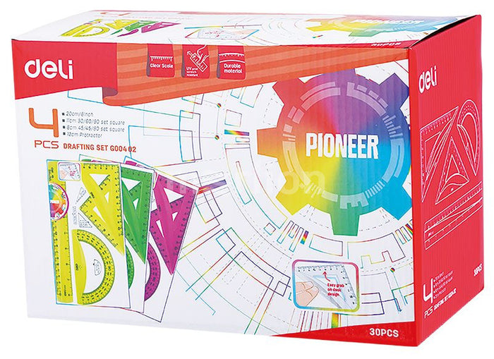 Deli translucent 20cm drafting ruler set with squares and protractor, ideal for precise drawing and measurement in scales and rulers.