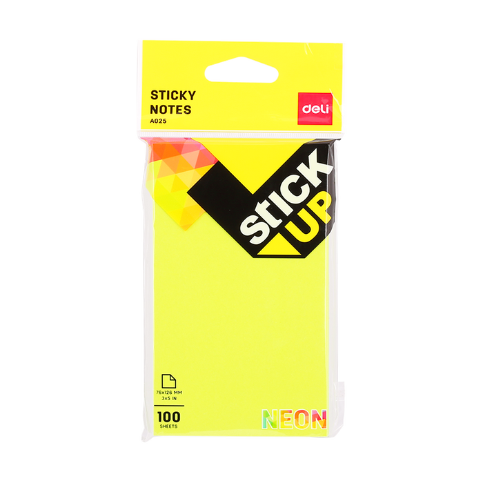 Deli Sticky Notes 76x126mm, 3x5 inches, bright yellow paper notes for bookmarks and reminders, featuring the Deli brand logo.