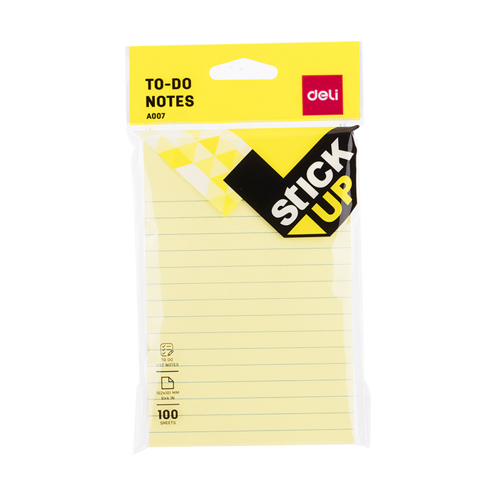 Yellow Deli To-do Notes sticky notes measuring 152x101mm (6x4 inches) with a blank writing surface for reminders.