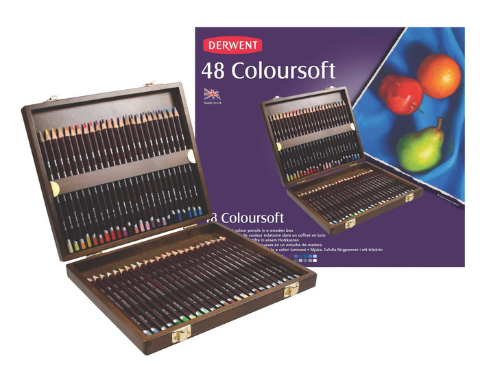 Derwent Colorsoft Pencils in a wooden box of 48, featuring vibrant, soft-colored art pencils for drawing and coloring projects.